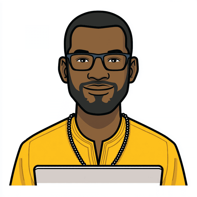 Marvin in yellow shirt with laptop